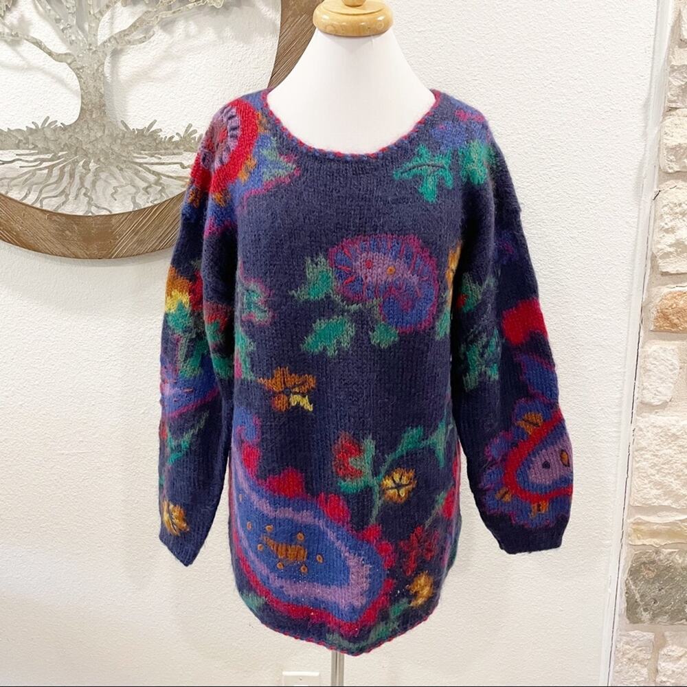 Vintage Rosanna Handknit Long Paisley Mohair Blend Sweater Blue Small
